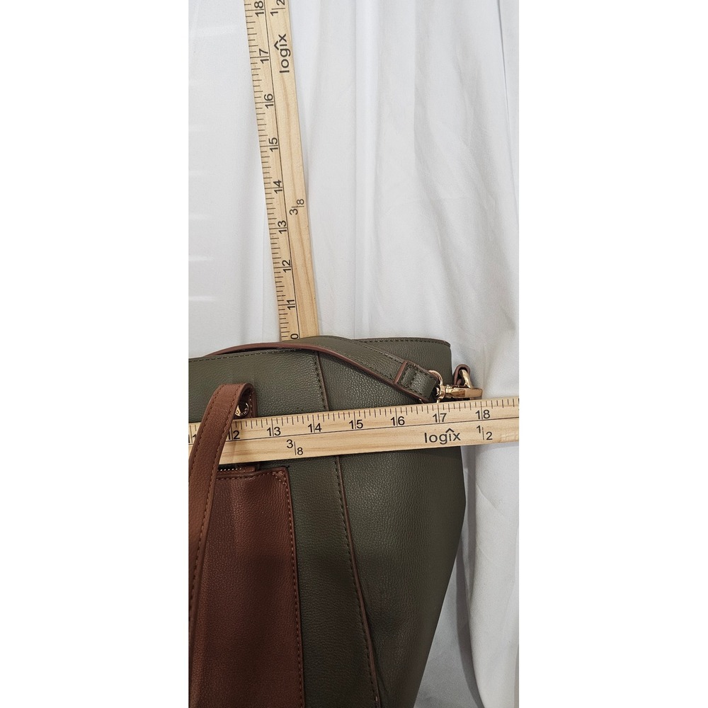 Dune London Olive Green Tan Colorblock Faux Leather Tote Crossbody Bag - Picture 8 of 8